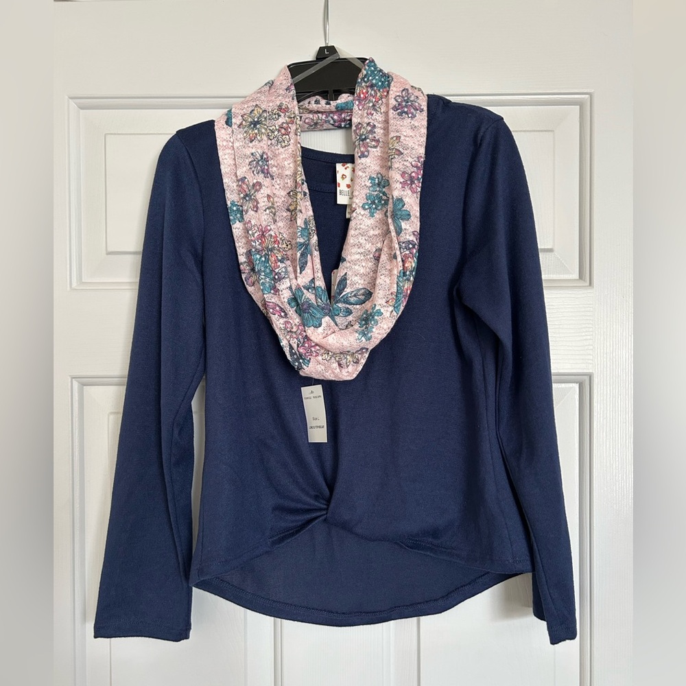 NWT Belle Du Jour Youth Navy Sweater with eternity scarf multi color.
